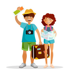 Girl and boy tourists are traveling together isolated on white background. Couple of young people have journey with suitcase, map and leaflet with camera. Traveling concept vector flat illustration.