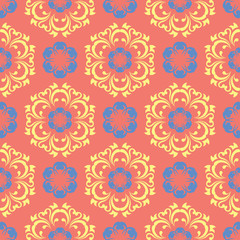 Floral red seamless pattern. Bright colored background with yellow and blue flower elements