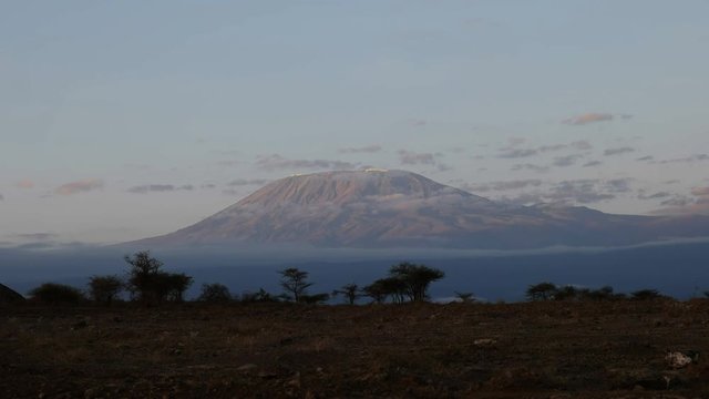 sunrise zoom in shot of mt kilimanjaro at amboseli national park, kenya