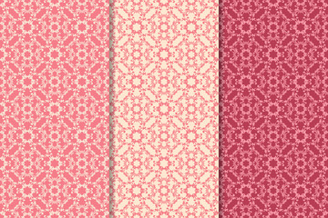 Set of floral ornaments. Cherry pink vertical seamless patterns