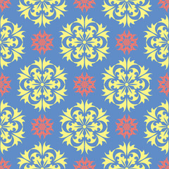 Floral blue seamless pattern. Bright background with colored flower elements