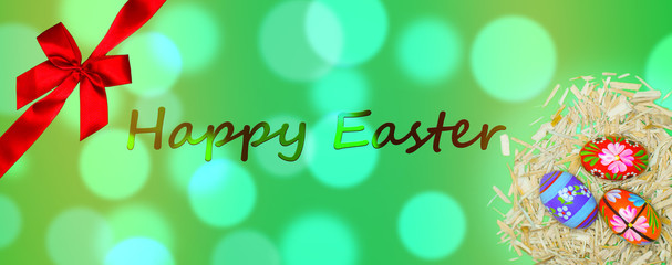 Fototapeta na wymiar Happy Easter Banner Nest mit bunten Ostereiern Bokeh