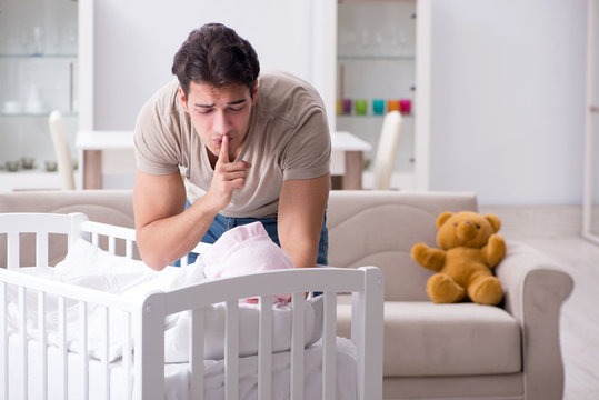 Young Father Dad Frustrated At Crying Baby