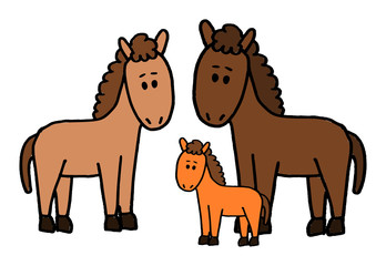 Cute kid easy vector illustration of horse family including mother, father and kid, isolated on white background.