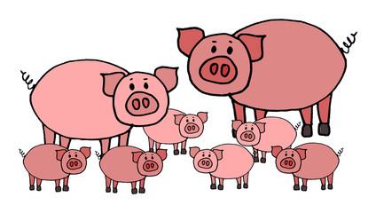 Cute kid easy vector illustration of pig family including mother, father and kids, isolated on white background.