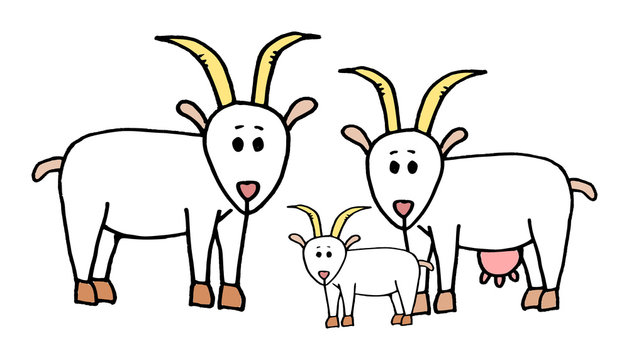 Cute kid easy vector illustration of goat family including mother, father and kid, isolated on white background.