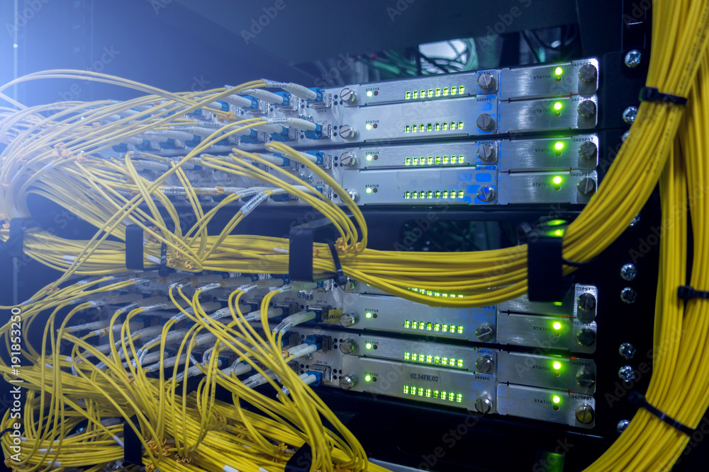 Poster fiber optical connector interface. fibre channel swich. severs computer in a rack at the large data 