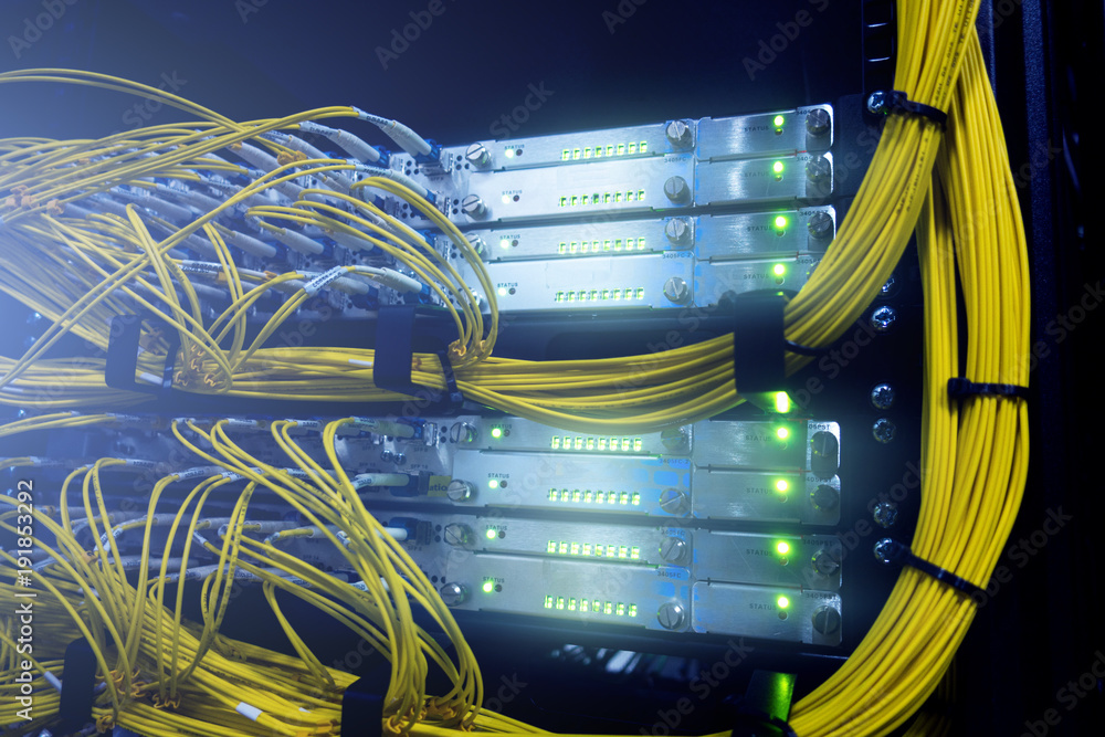 Poster fiber optical connector interface. fibre channel swich. severs computer in a rack at the large data 