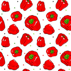 Seamless texture of five elements of red juicy sweet peppers and triangular dots. Vector illustration.