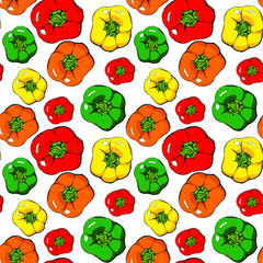 Seamless texture of red, green, orange, yellow juicy sweet peppers. Vector illustration.