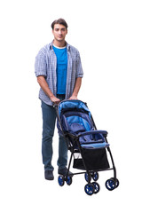 Young dad with child pram isolated on white