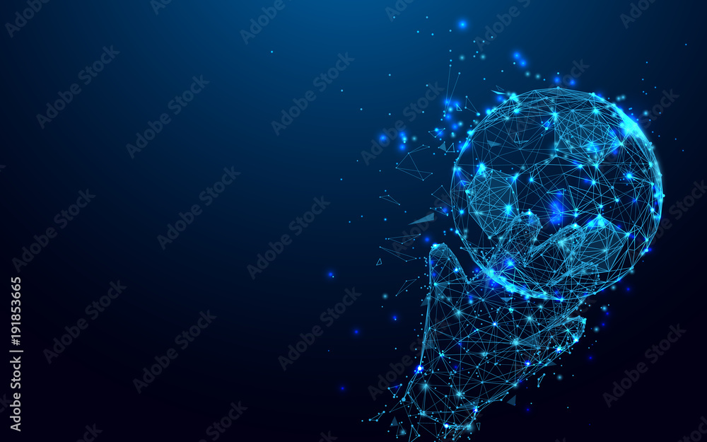 Aufkleber Abstract goalkeeper hands catching ball form lines and triangles, point connecting network on blue background. Illustration vector