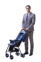 Young businessman nursing child in pram isolated on white