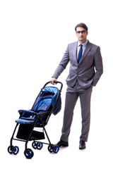 Young dad businessman with baby pram isolated on white 