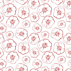 Seamless pattern from outline elements sweet peppers of different size dark red stroke on a white background. Hand-drawn Vector Illustration. The pattern is included.