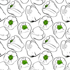 Seamless contour pattern of five elements sweet peppers of different size white with green stems on a white background. Hand-drawn Vector Illustration. The pattern is included.