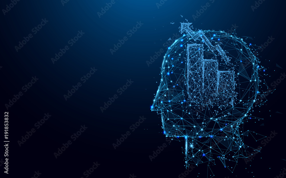 Aufkleber Abstract Head with Graph and Chart bar symbol form lines and triangles, point connecting network on blue background. Illustration vector