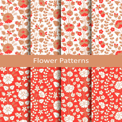 set of eight seamless vector red patterns with hand drawn flowers. design or packaging, fashion, textile, covers - 191853834