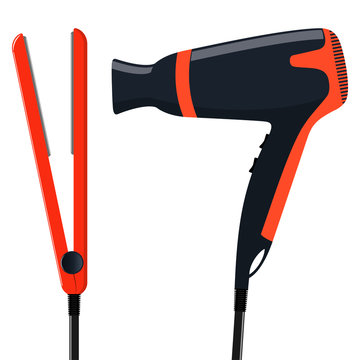 Modern stylish professional hair straightener and hair dryer for drying hair and styling, isolated on white background. Vector flat illustration.