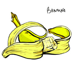 yellow banana with a contrasting black stroke half peeled. vector hand drawn sketch marker. isolated white background