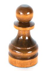 The macro shot of the black chess pawn of wood on the white background. The chess piece is isolated on white and a clipping path is provided for easy extraction.