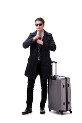 Young businessman with suitcase ready for business trip on white