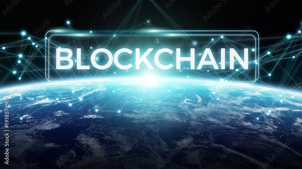 Poster blockchain on planet earth 3d rendering