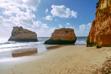 Sunny day, ocean cliffs, sand beach panorama view seascape outdoor, inspiring pleasure background