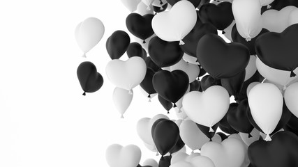 Retro noizy Black and white heart balloons over white background. Love, Valentine's Day, romantic, wedding or birthday background