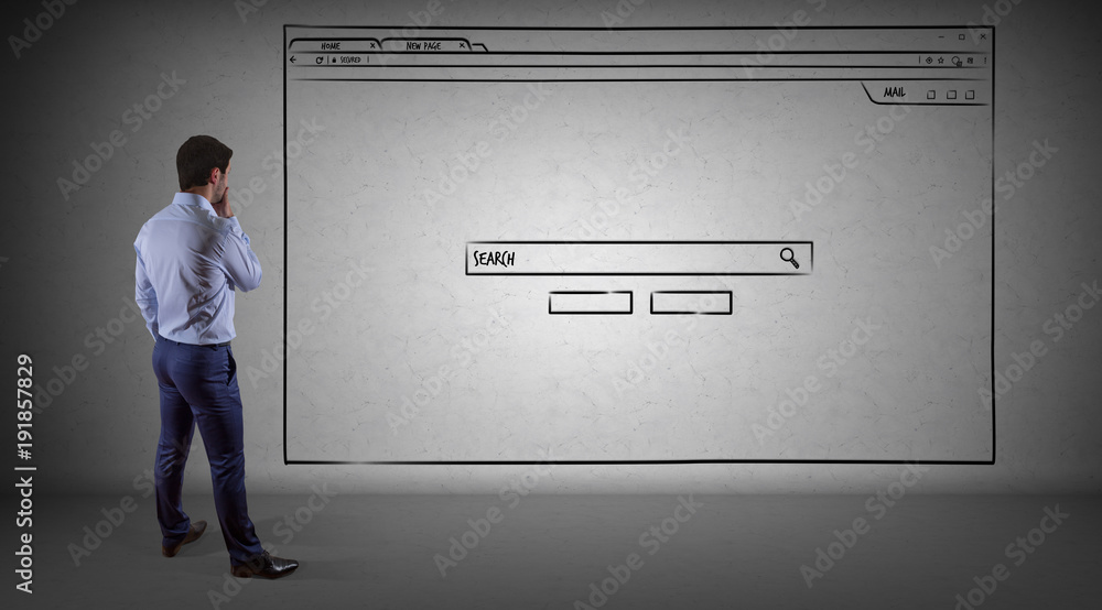 Poster businessman watching website page sketch on a wall 3d rendering