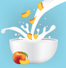 Peach slice in milk splash, vector