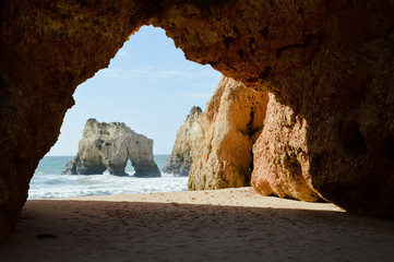 Sunny day, ocean cliffs, sand beach panorama view seascape outdoor, inspiring pleasure background