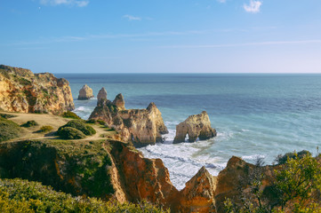 Fototapeta na wymiar Sunny day, ocean cliffs, sand beach panorama view seascape outdoor, inspiring pleasure background