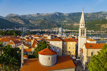 Medieval church tower in old Mediterranean city in Europe