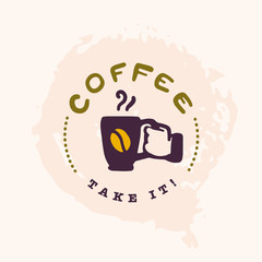 Vector flat hand drawn coffee logo template with human hand holding coffee cup isolated on white background. Hot coffee to go emblem, label design sample. Perfect for cafe, shop, store insignia banner