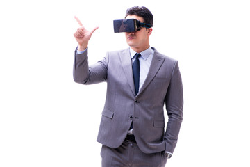 Businessman wearing virtual reality VR glasses isolated on white