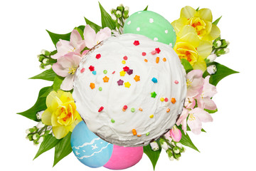 Easter cake,easter  eggs and spring flowers.Greeting card