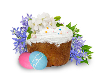 Obraz na płótnie Canvas Easter cake,easter eggs,apple blossom and blue snowdrop flowers on white background.Greeting card template
