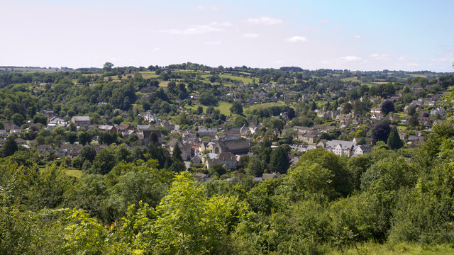 View over the town of Nailsworth in it's valleys on the edge of the Cotswold Hills, Gloucestershire, UK