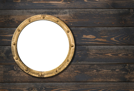 ship or boat porthole frame on wooden wall 3d illustration