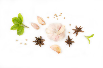 Flat lay ingredient of Garlic and spice isolated white background, studio top view shot