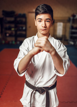 Martial arts, young fighter making respect sign 