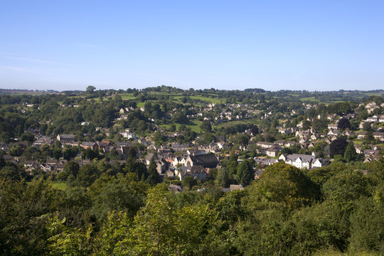 View over Nailsworth valleys on the edge of the Cotswold Hills, Gloucestershire, UK
