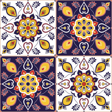 Italian tile pattern vector with baroque floral ornament. Portuguese azulejo, mexican talavera, spanish majolica, moroccan motifs. Tiled texture background for wallpaper or flooring ceramic.