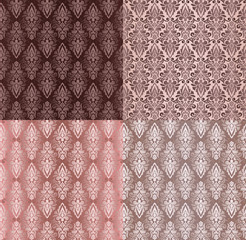 Set of Vintage Ornaments Seamless Patterns with Flower Designs in Damascus Style claret background vector illustration with an ornament
