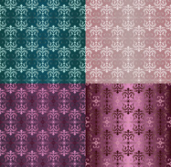 Set of Vintage Ornaments Seamless Patterns with Flower Designs in Damascus Style claret background vector illustration with an ornament