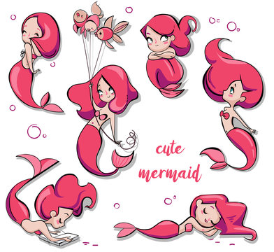 set of cute cartoon mermaids