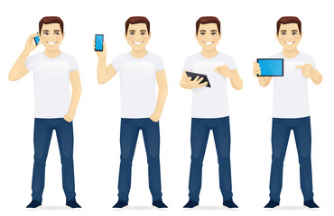 Man with gadgets in different poses vector collection illustration