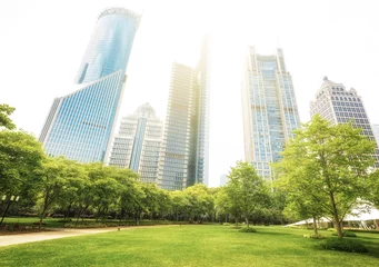 Deurstickers Modern architecture of Shanghai, China. Lujiazui Central Greenland with green trees and lawns. Travel background. © Funny Studio