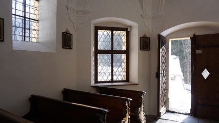 Maria Larch, Terfens, Eggen near Schwaz, Tyrol, Austria - pilgrimage church in winter 2018 with snow